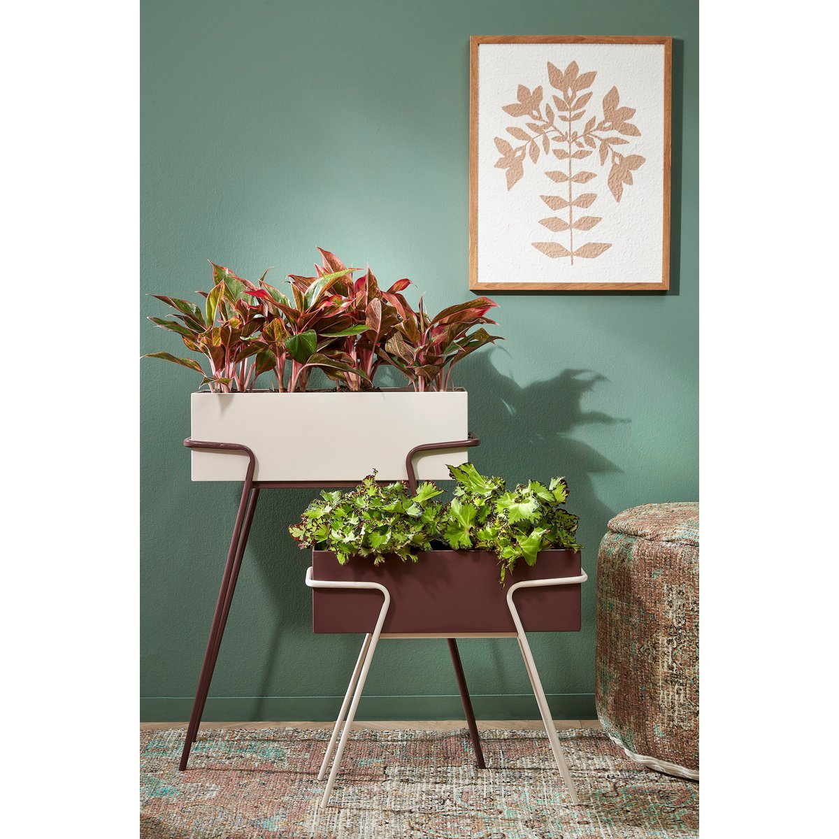 Plantenbak op Poten - Set van 2 - L54 x B23 x H69,5 cm - Metaal - Donkerbruin/Beige
