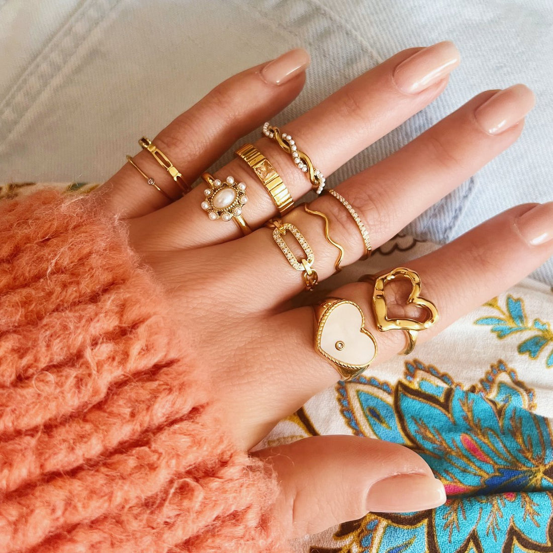 Roestvrijstalen vintage ring met parelstenen - goud