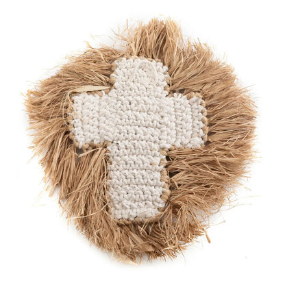 Het Kruis van raffia schelp - natuurlijk wit - L