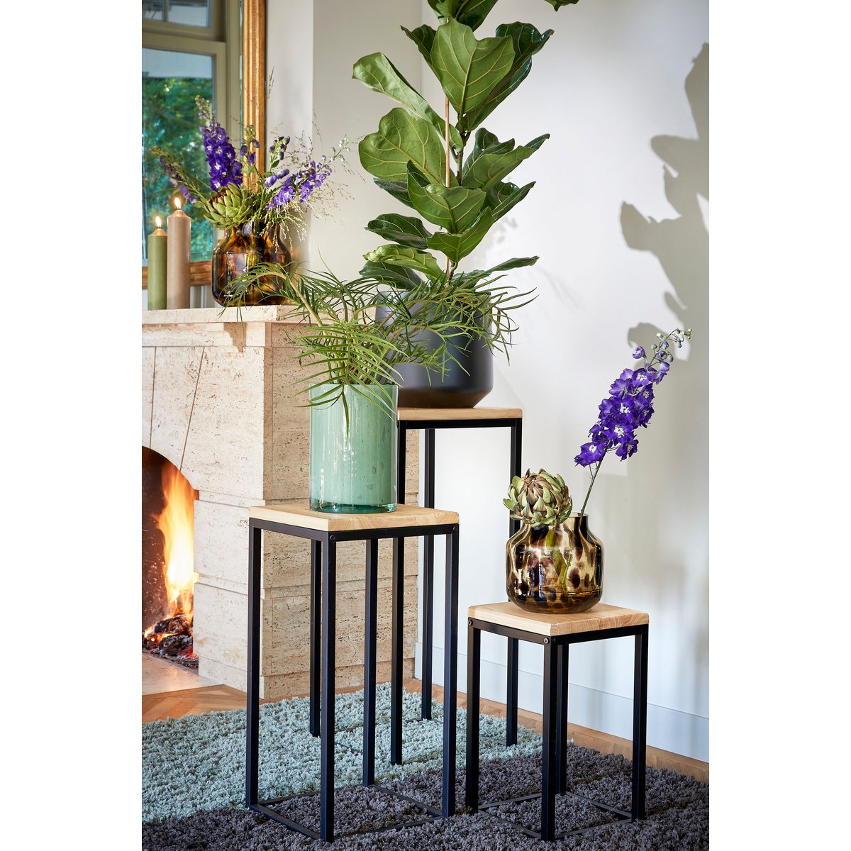 Plantentafel Oskar  - L25 x B25 x H42 cm - Hout, Metaal - Zwart
