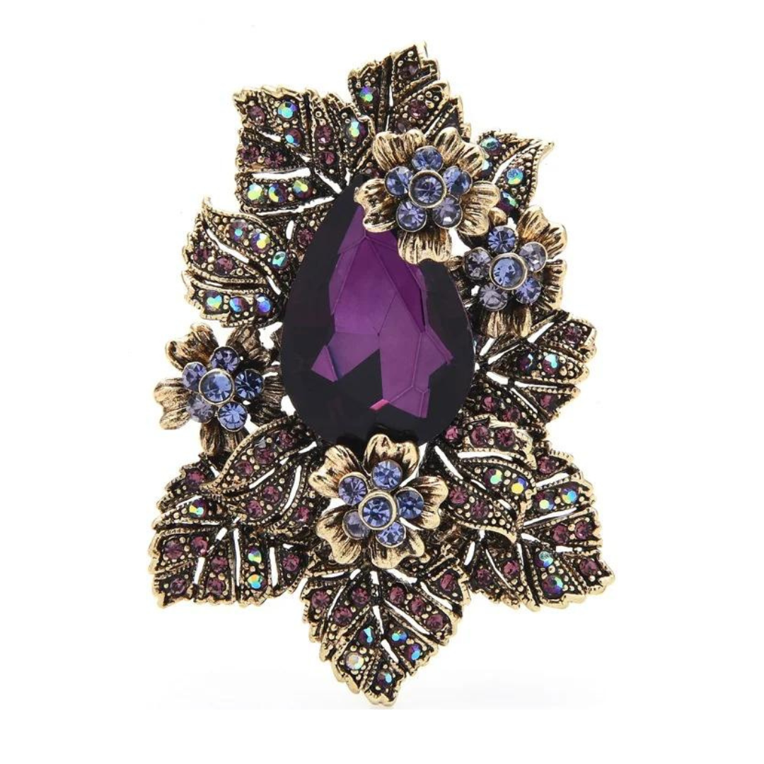 Vintage look broche met steen donker paars